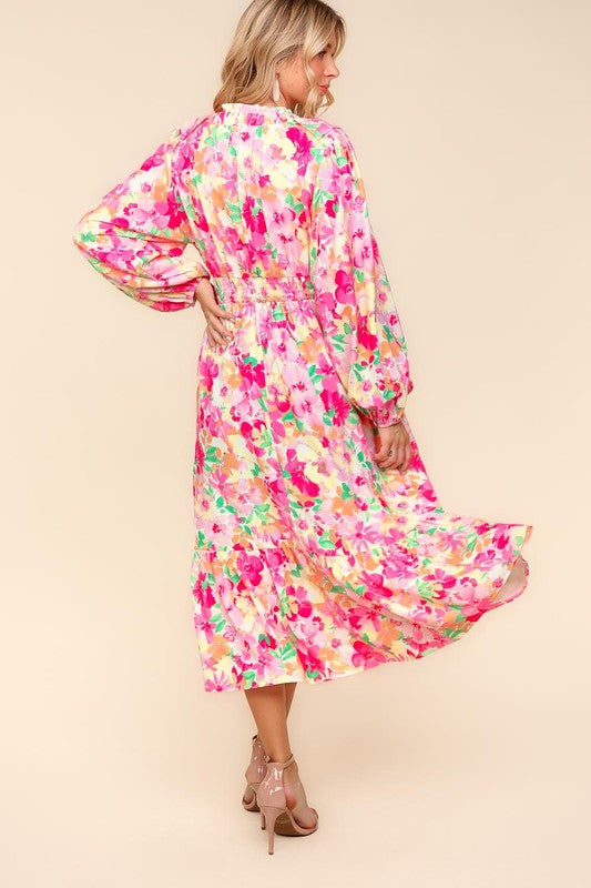 Haptics Full Size Floral Surplice Balloon Sleeve Dress with Side Pockets