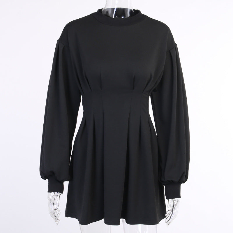 Dark Girl Nipped Waist Mini Dress Pleated Waist Long Sleeve Dress Little Black Dress 2 colors available Sizes S-M-L