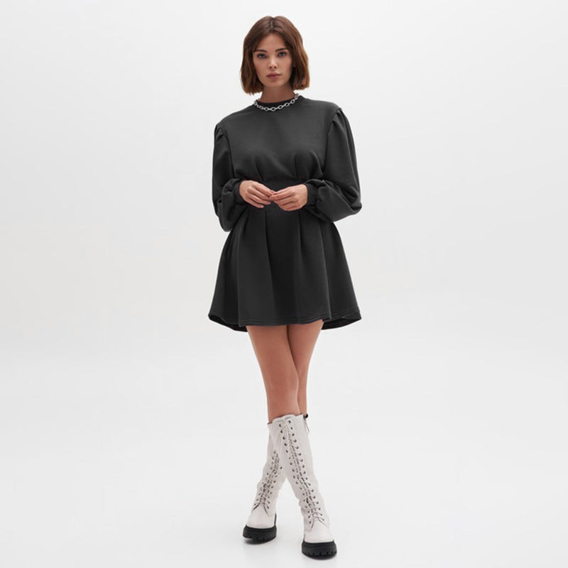 Dark Girl Nipped Waist Mini Dress Pleated Waist Long Sleeve Dress Little Black Dress 2 colors available Sizes S-M-L