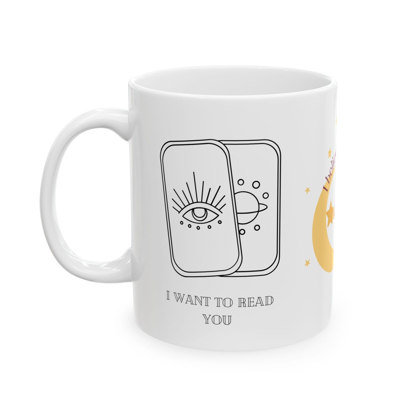 Custom Designed 'I Believe in Magick' Lady Riding on a Star Ceramic Mug WE CAN PERSONALIZE WITH YOUR NAME, A DATE, A COUPLE'S NAME, YOUR LADIES NIGHT GROUP NAME, ETC.