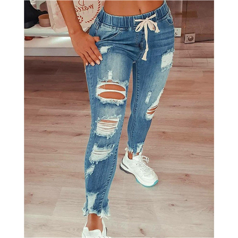 Hot Selling Slim Slimming Destructed Women Jeans Drawstring Waist Size S-5XL