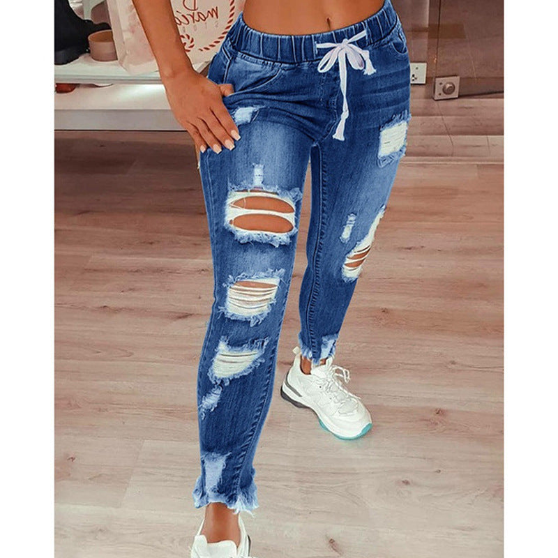 Hot Selling Slim Slimming Destructed Women Jeans Drawstring Waist Size S-5XL