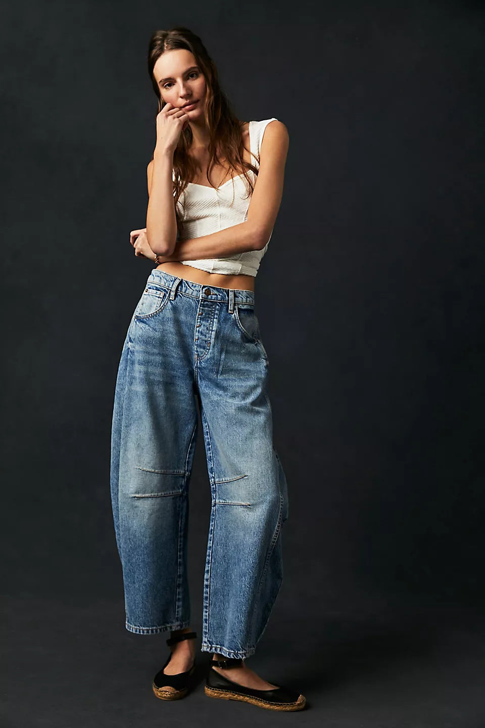 High Stretch Mid-Rise Barrel Jeans Wide Leg Women Casual Baggy size S-3XL