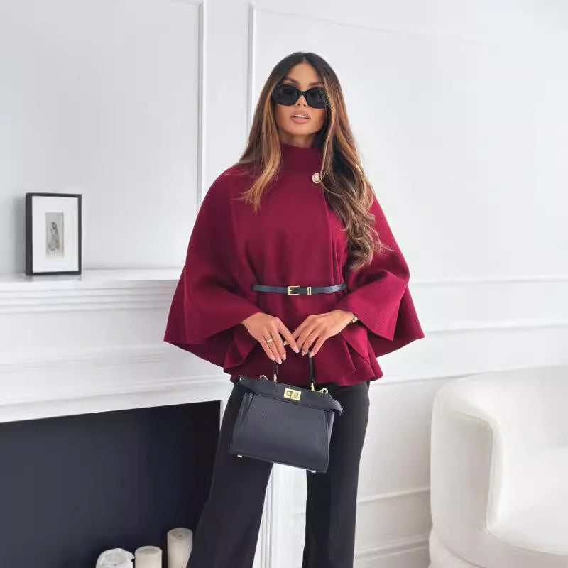 New Women's Fashionable Woolen Sweater Jacket with Stand Collar, Batwing Sleeves, and Belt