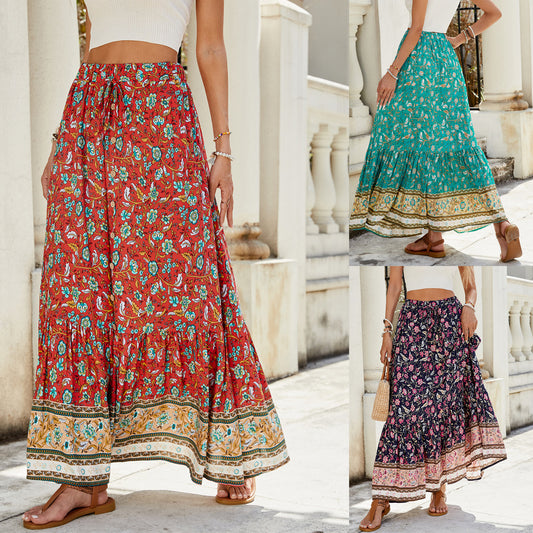 Women's Rayon Printed Tiered Split Flounce Maxi Skirt Sizes S-XL Spring Summer Beach