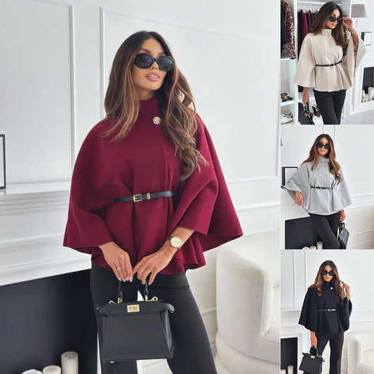 New Women's Fashionable Woolen Sweater Jacket with Stand Collar, Batwing Sleeves, and Belt