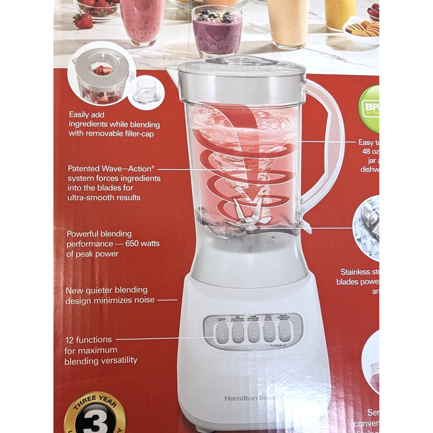 Hamilton Beach Smoothie Blender patented wave action system Ice Sabre blades