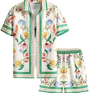 Men 2 Piece Matching Short and Button Front Shirt Outfit Set Vacation Summer Party Sizes S-5XL