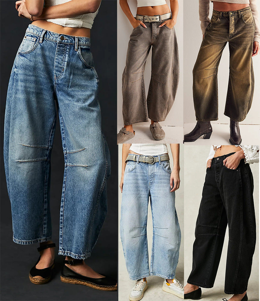 High Stretch Mid-Rise Barrel Jeans Wide Leg Women Casual Baggy size S-3XL