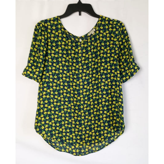 Lily White blue and yellow floral print daisies relaxed fit ladies blouse business casual size M