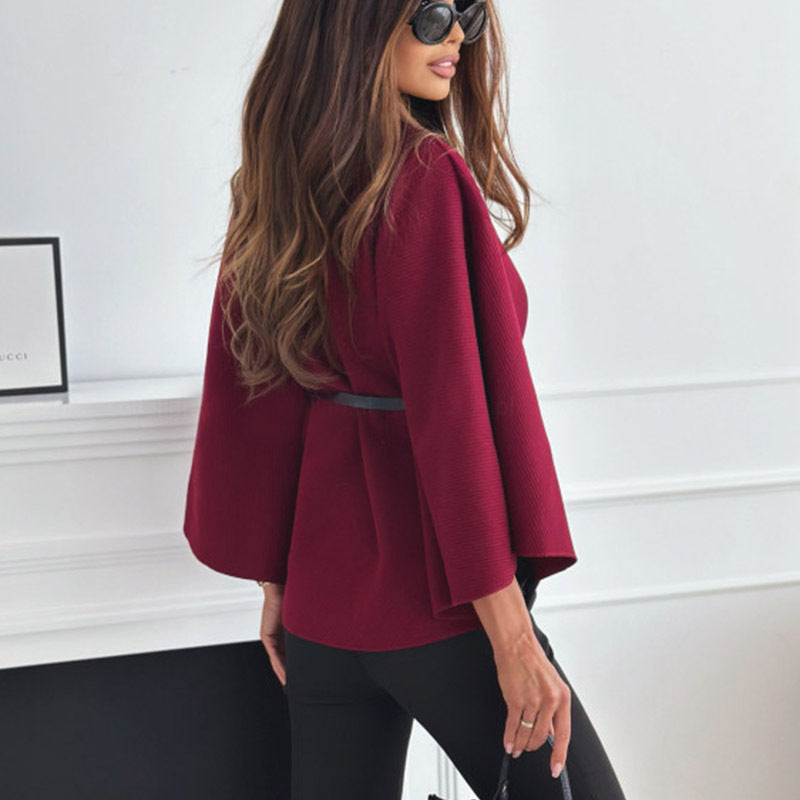 New Women's Fashionable Woolen Sweater Jacket with Stand Collar, Batwing Sleeves, and Belt