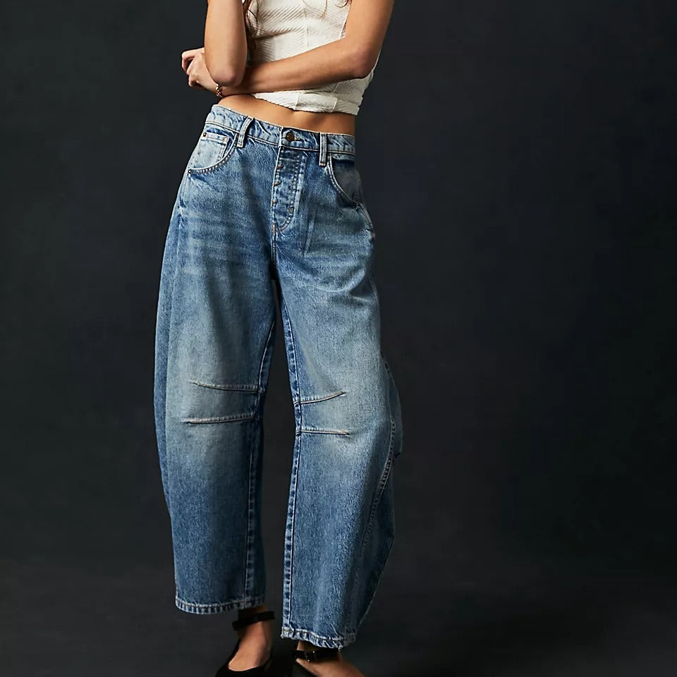 High Stretch Mid-Rise Barrel Jeans Wide Leg Women Casual Baggy size S-3XL