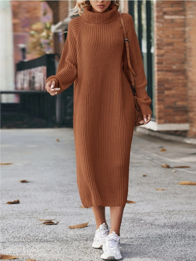 Winter Turtleneck Knitted Sweater Dress Solid Loose Pullover Long Dresses Sizes S-XXL