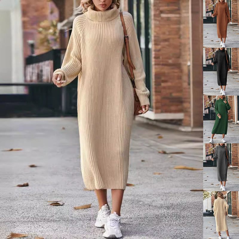 Winter Turtleneck Knitted Sweater Dress Solid Loose Pullover Long Dresses Sizes S-XXL