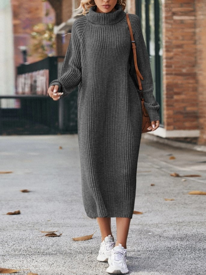 Winter Turtleneck Knitted Sweater Dress Solid Loose Pullover Long Dresses Sizes S-XXL