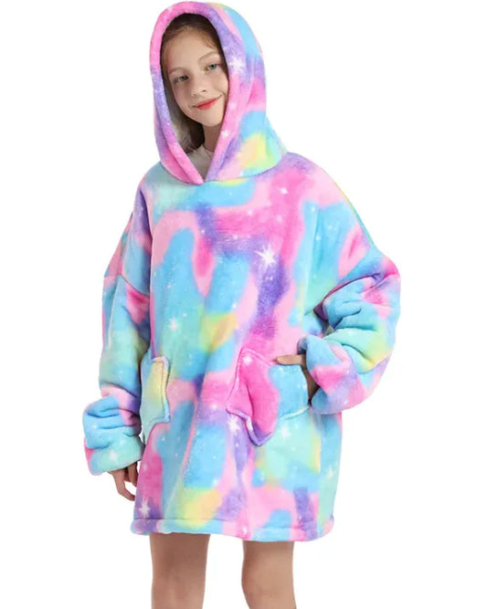 Kids Hoodie Blanket Warm Kangaroo Pocket Long Cow Giraffe Tie Dye Panda Loungewear