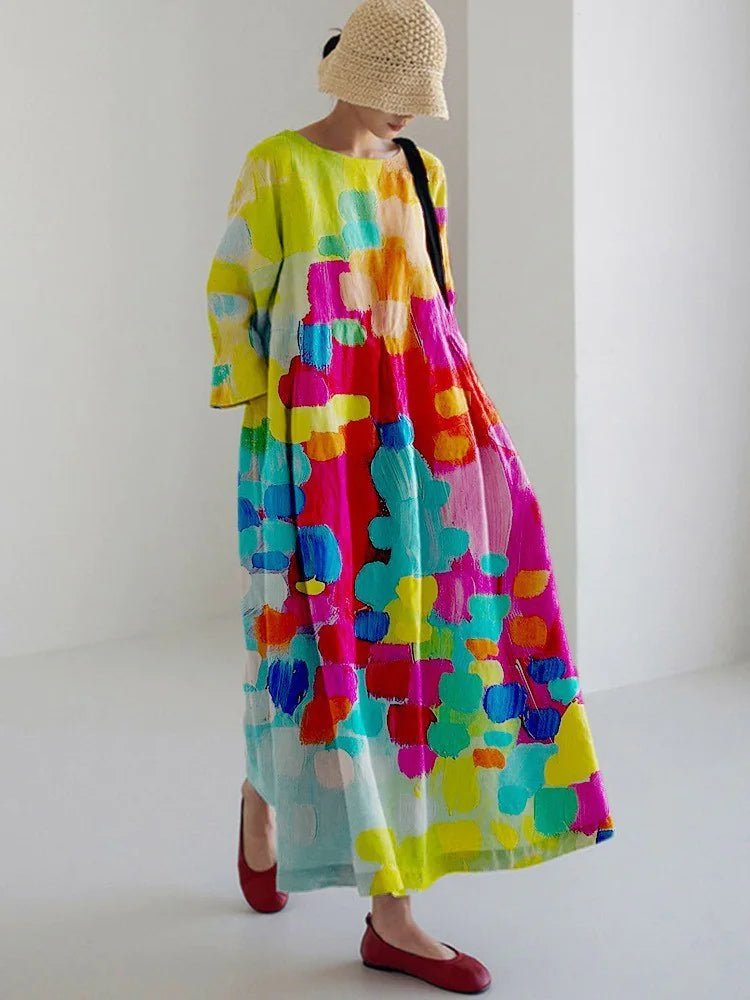 Boho Maxi Casual Abstract Print Oversized Fit Maxi Dress 17 Styles Sizes M-4XL