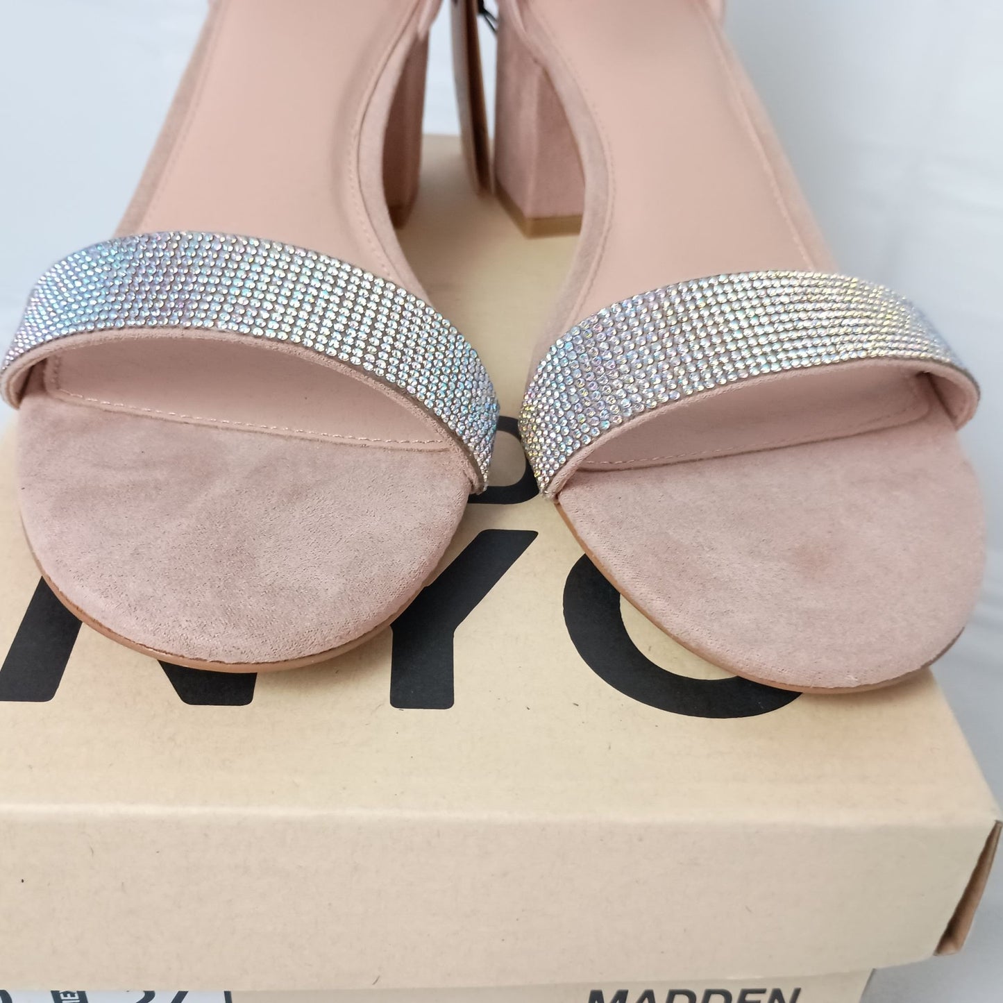 Madden NYC Block Heel Sandal - Size 10 - Rhinestone Strap with Odor-Reducing Insoles