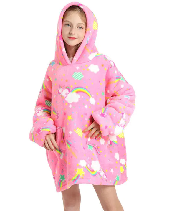 Kids Hoodie Blanket Warm Kangaroo Pocket Long Cow Giraffe Tie Dye Panda Loungewear