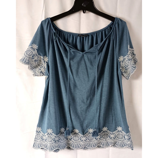 Adrianna Papell blue embroidered off shoulder tassel tie tunic top size M