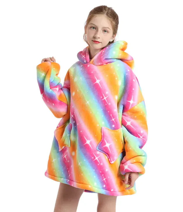 Kids Hoodie Blanket Warm Kangaroo Pocket Long Cow Giraffe Tie Dye Panda Loungewear