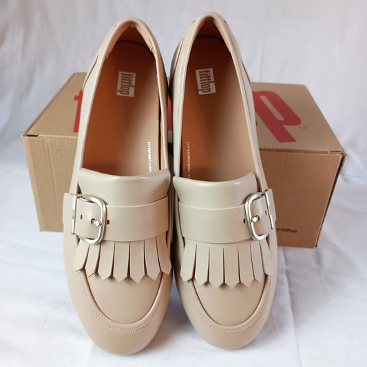 NIB FitFlop Allegro fringe buckled leather loafers latte beige ladies size 10