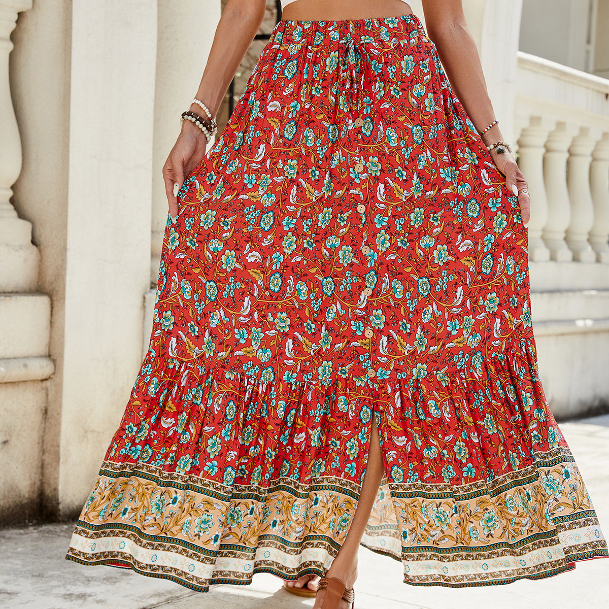 Women's Rayon Printed Tiered Split Flounce Maxi Skirt Sizes S-XL Spring Summer Beach