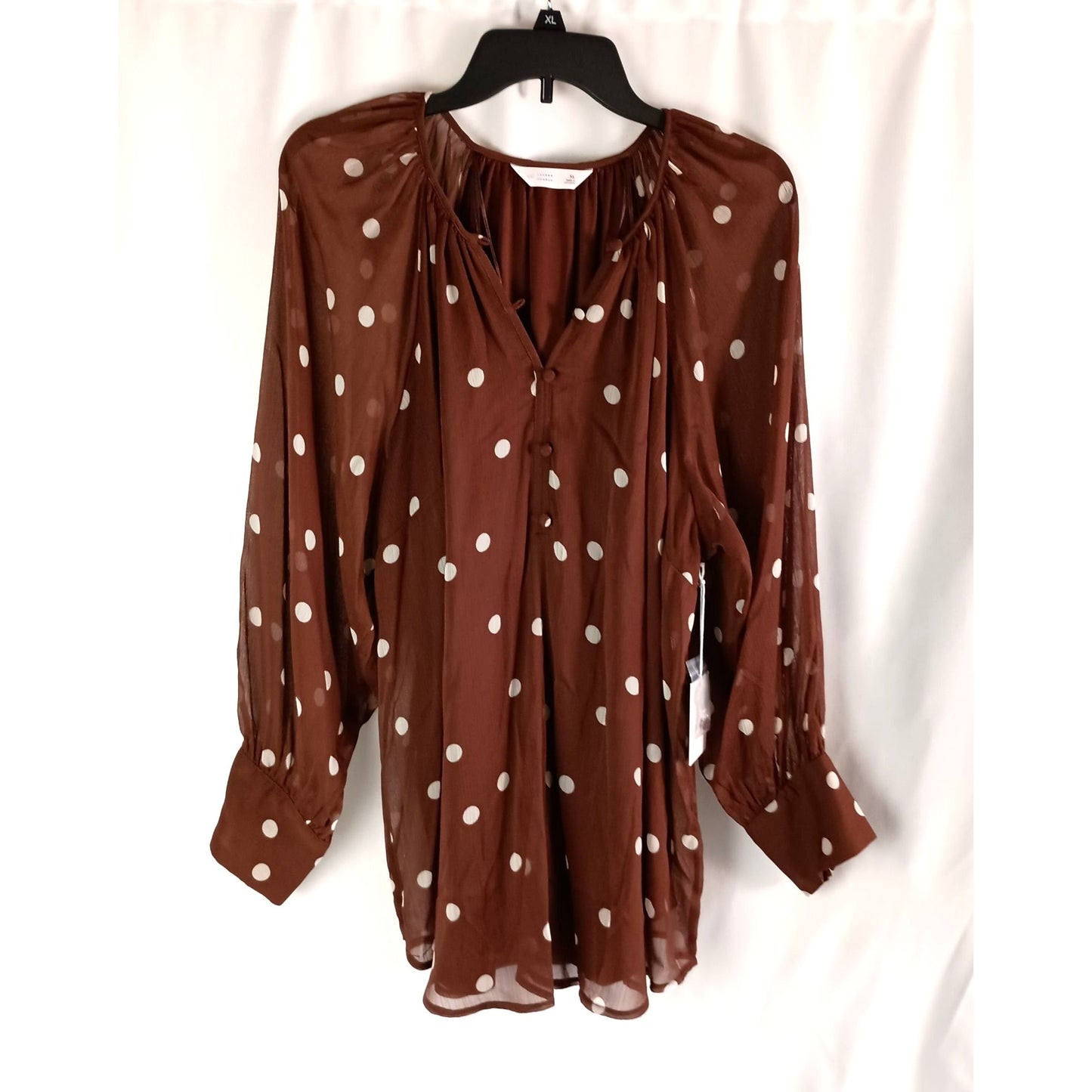 LC Lauren Conrad Shirred Neck High Cuff Tunic Brown Randy Dots Size XL