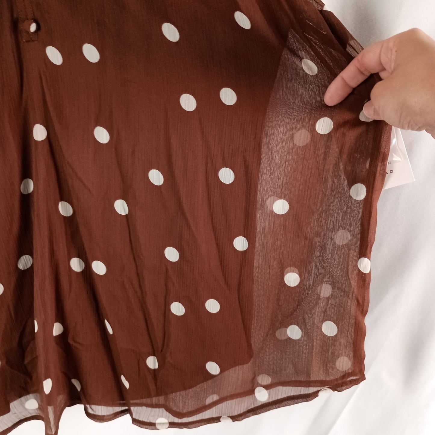 LC Lauren Conrad Shirred Neck High Cuff Tunic Brown Randy Dots Size XL