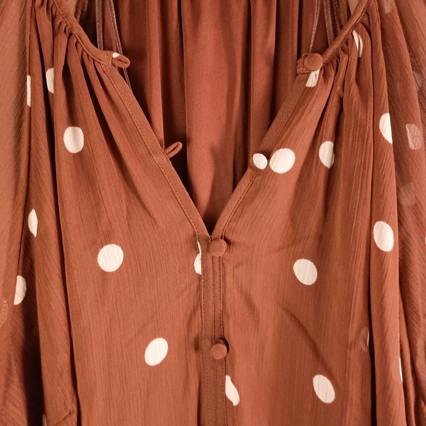 LC Lauren Conrad Shirred Neck High Cuff Tunic Brown Randy Dots Size XL