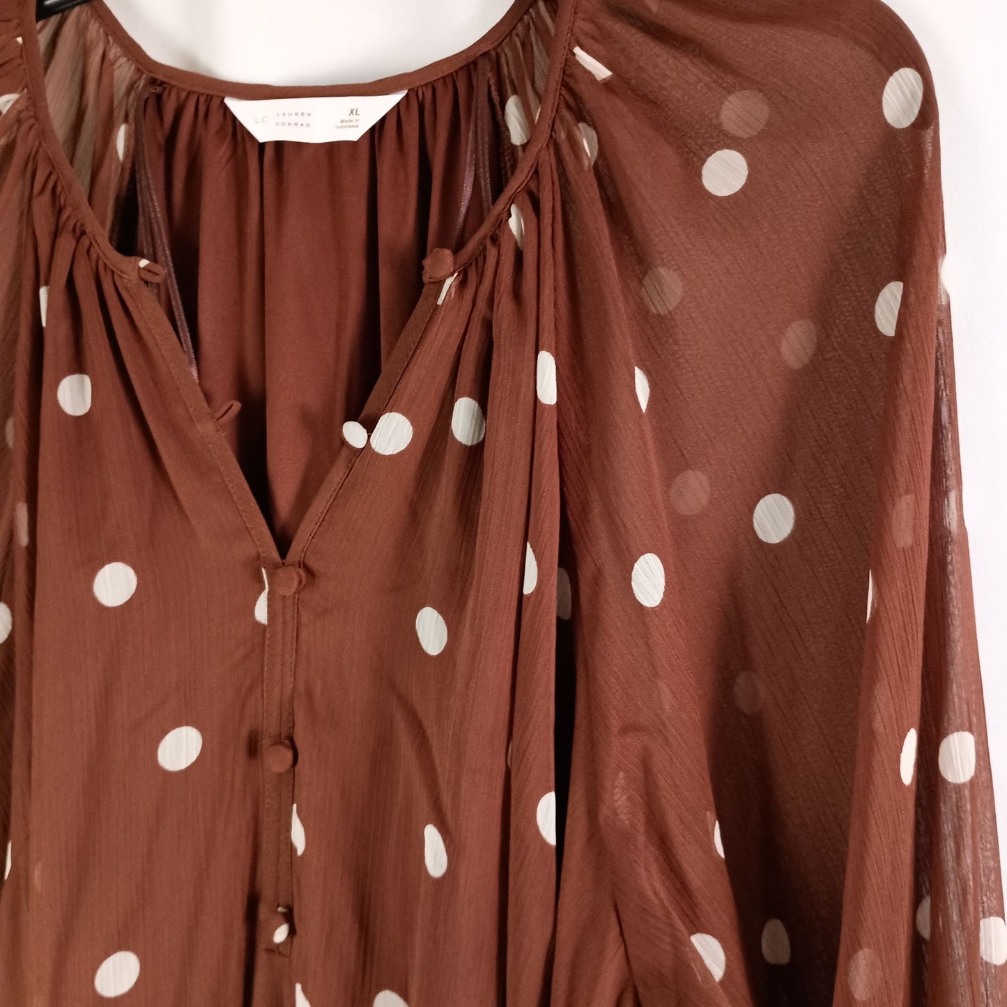 LC Lauren Conrad Shirred Neck High Cuff Tunic Brown Randy Dots Size XL