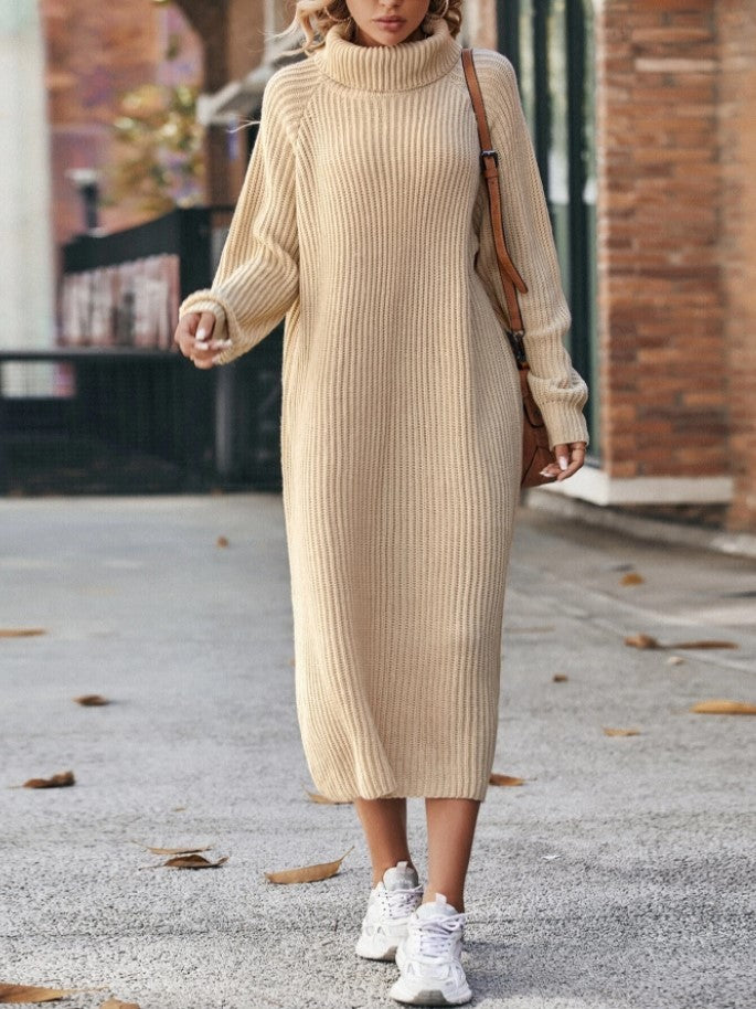 Winter Turtleneck Knitted Sweater Dress Solid Loose Pullover Long Dresses Sizes S-XXL