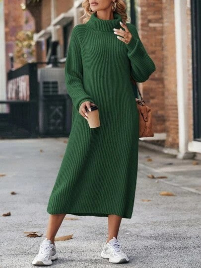 Winter Turtleneck Knitted Sweater Dress Solid Loose Pullover Long Dresses Sizes S-XXL