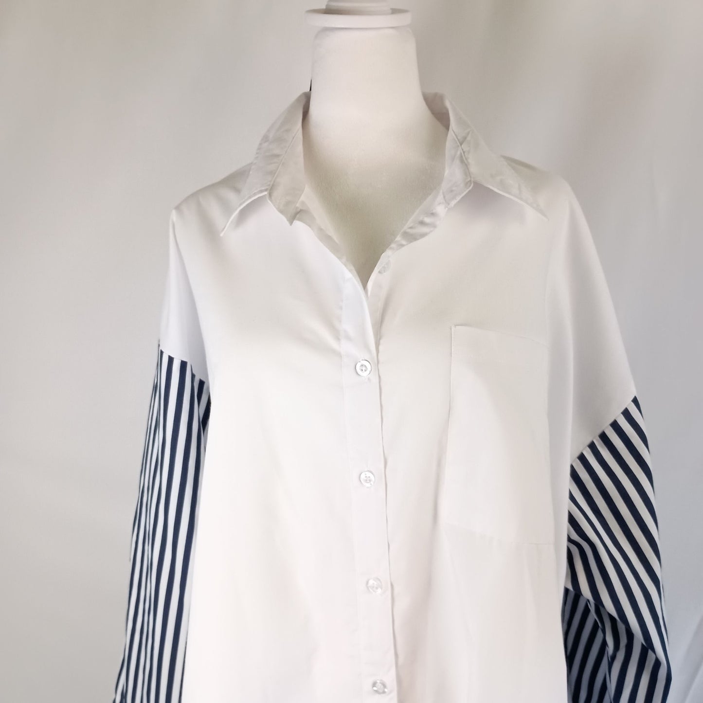 Ashley Stewart long sleeve oversized blouse white with striped sleeves size 14