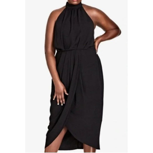 City Chic black halter neck tie open back waist defined dress size 16