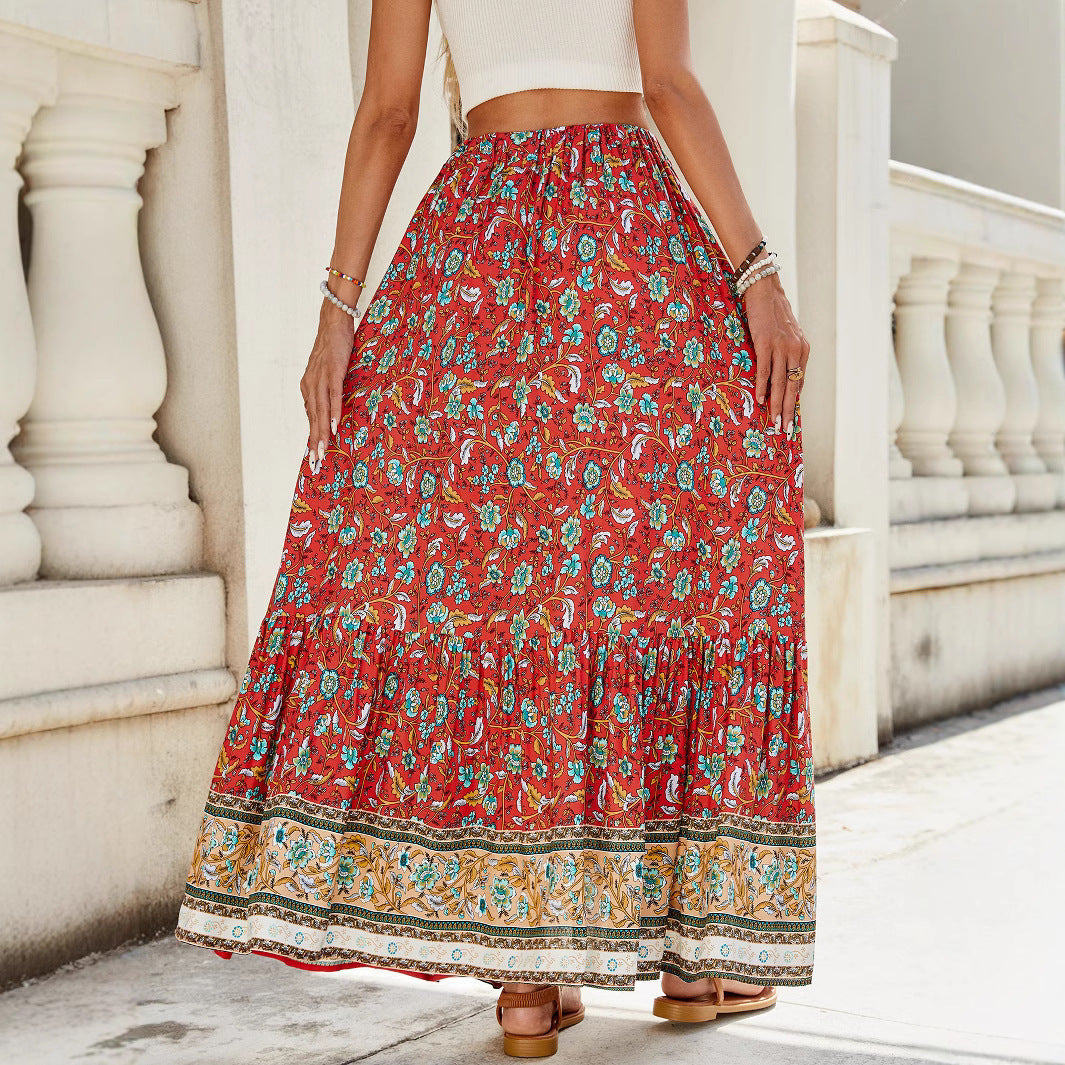 Women's Rayon Printed Tiered Split Flounce Maxi Skirt Sizes S-XL Spring Summer Beach