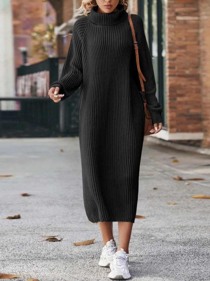 Winter Turtleneck Knitted Sweater Dress Solid Loose Pullover Long Dresses Sizes S-XXL