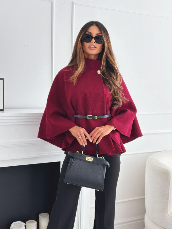 New Women's Fashionable Woolen Sweater Jacket with Stand Collar, Batwing Sleeves, and Belt