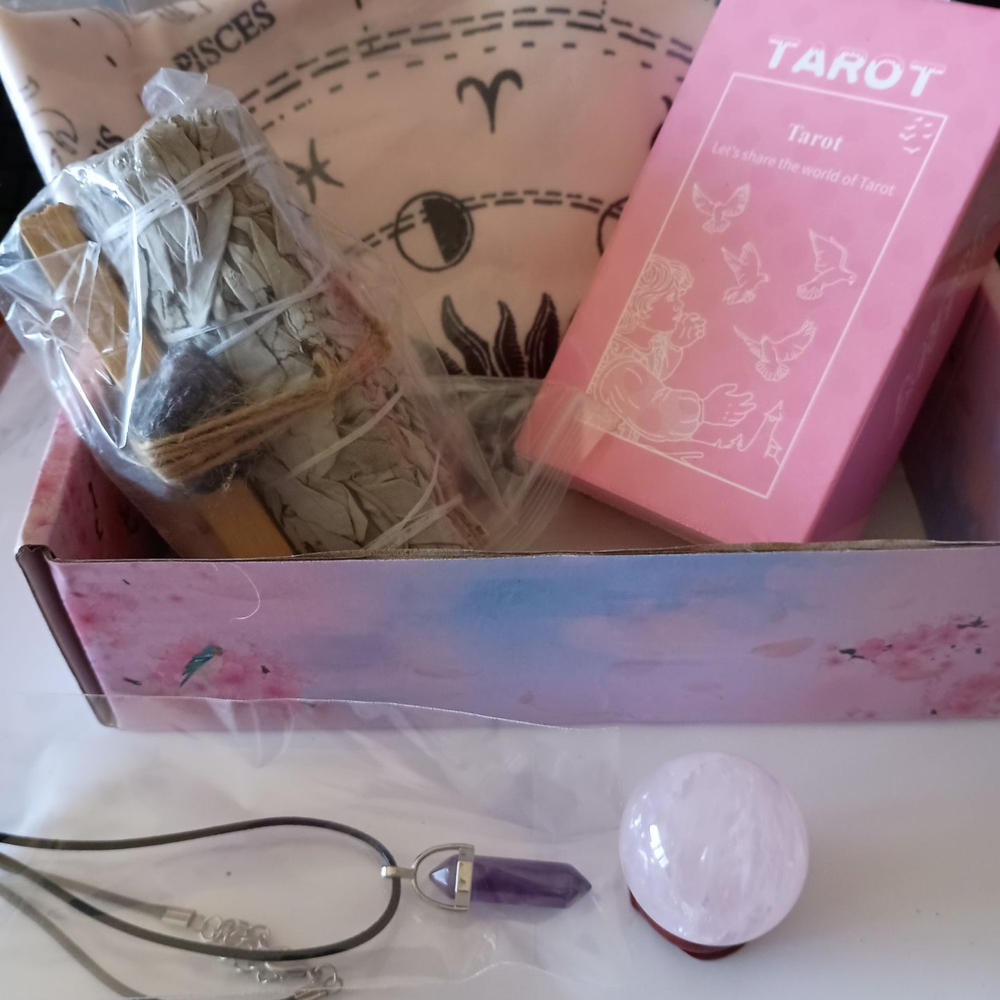 Holistic Self-Care Gift Set: Tarot Cards Crystal Ball Stone Palo Santo Sage & Cloth