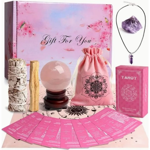 Holistic Self-Care Gift Set: Tarot Cards Crystal Ball Stone Palo Santo Sage & Cloth