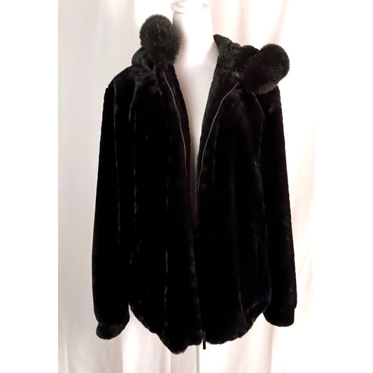 Gallery black faux fur jacket with faux fur trim hood women size M