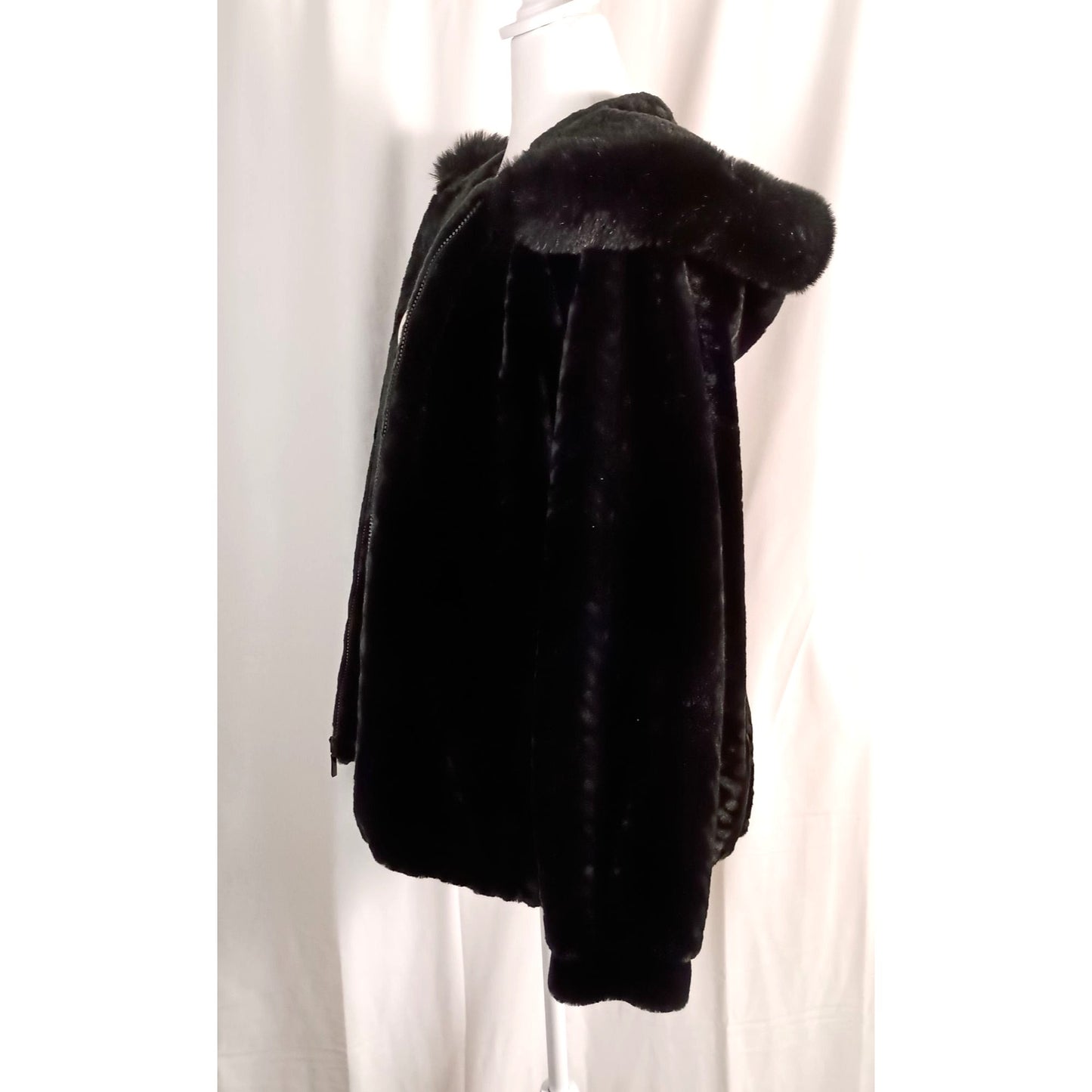 Gallery black faux fur jacket with faux fur trim hood women size M