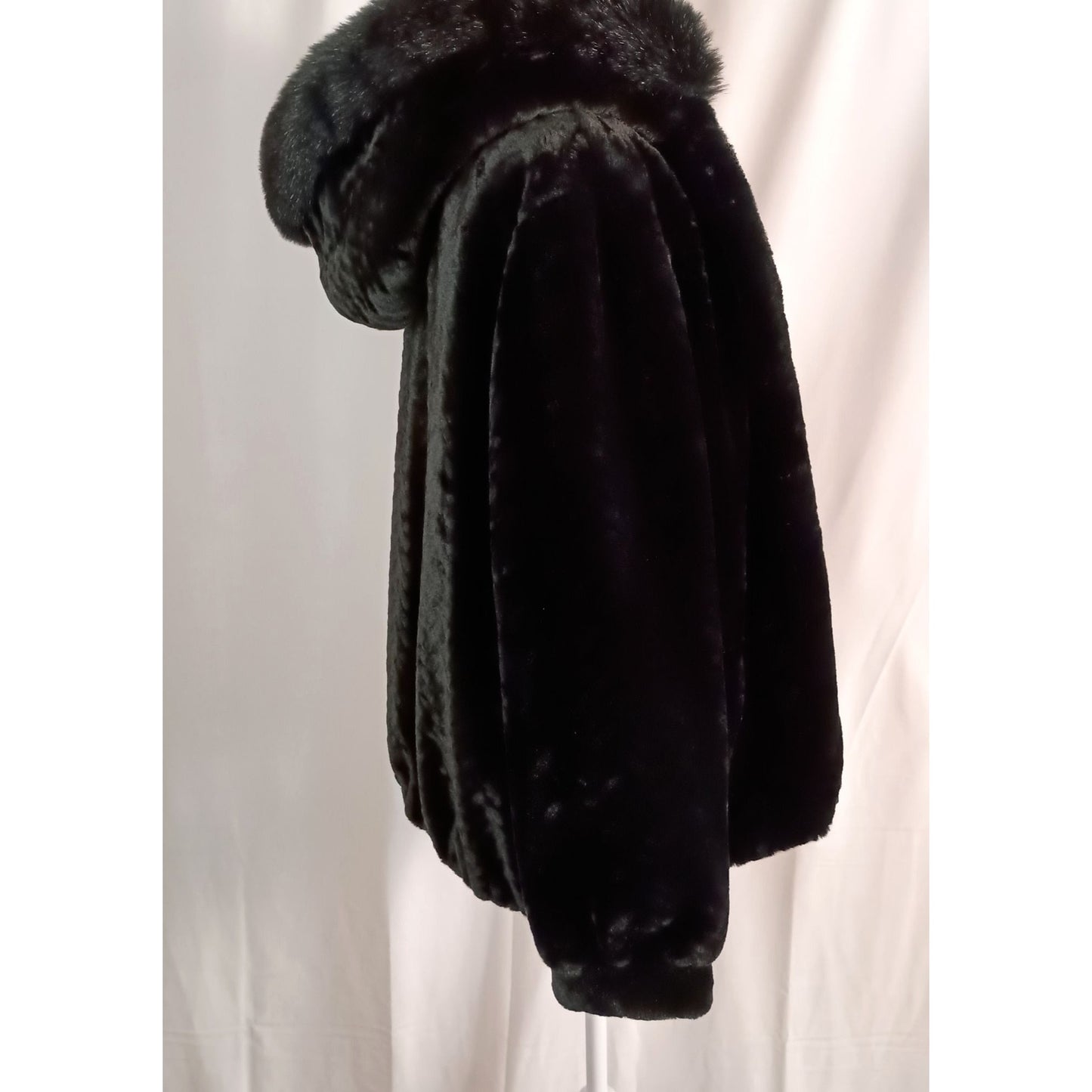 Gallery black faux fur jacket with faux fur trim hood women size M