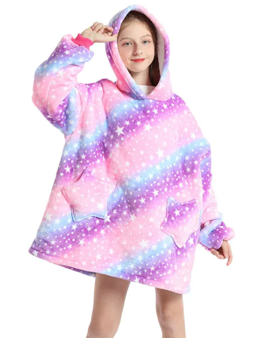 Kids Hoodie Blanket Warm Kangaroo Pocket Long Cow Giraffe Tie Dye Panda Loungewear