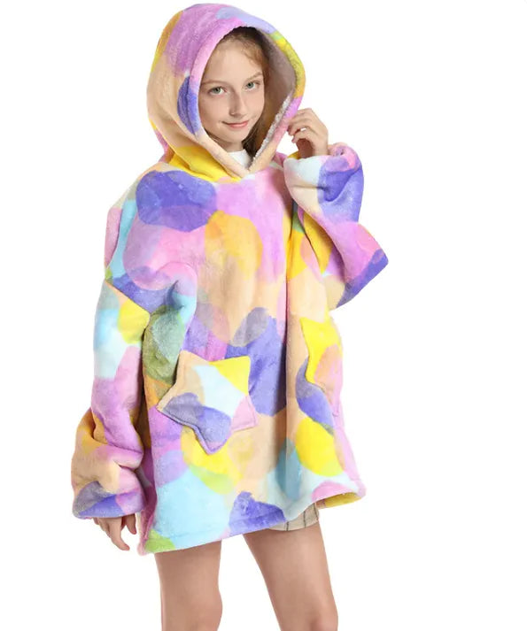 Kids Hoodie Blanket Warm Kangaroo Pocket Long Cow Giraffe Tie Dye Panda Loungewear