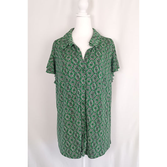 Adrianna Papell Flutter Sleeve Button Front Very Stretchy Blouse Green Chain Design New Plus size 1X